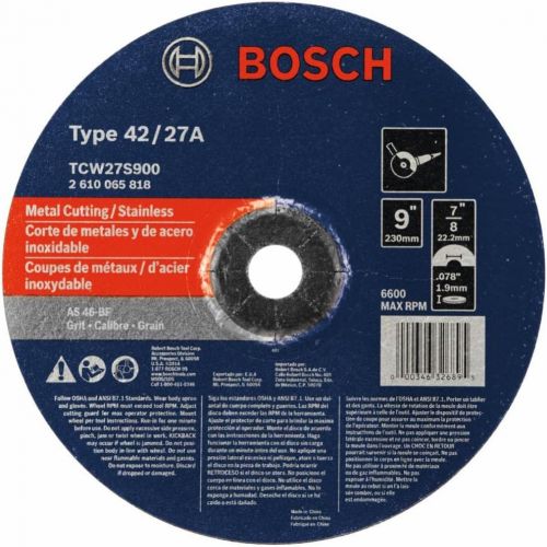  Bosch TCW27S900 9 In. 5/64 In. 7/8 In. Arbor Type 27A (ISO 42) 46 Grit Rapido Fast Metal/Stainless Cutting Abrasive Wheel