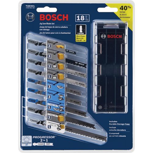  Bosch T-Shank Jig Saw Blade Set T18CHCL, 18 Pieces, 3-1/4 - 5-1/4, 5-24 TPI, In Brute Tough Case, For Wood, Metal And All Purpose/Multi-Material