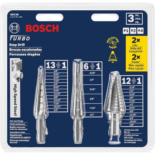  Bosch SDC30 3 pc. High-Speed Steel Turbo Step Drill Bit Set