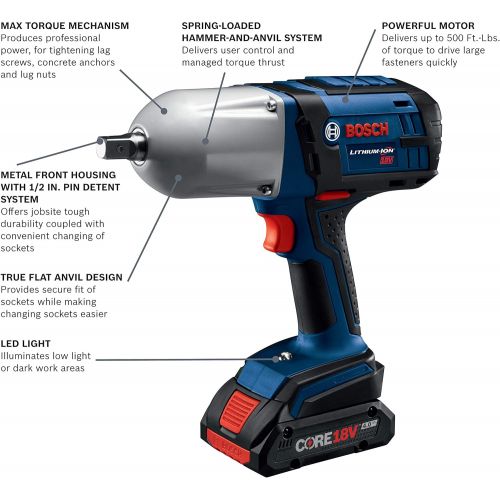  Bosch HTH181-B25 18V High Torque Impact Wrench w/Pin Detent w/ (2) 4.0 Ah CORE Compact Batteries