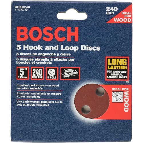  Bosch SR5R240 5-Piece 240 Grit 5 In. 8 Hole Hook-And-Loop Sanding Discs