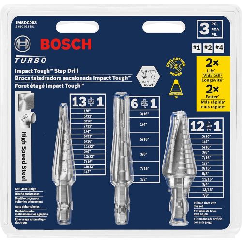  Bosch IMSDC003 3 pc. High-Speed Steel Impact Tough Turbo Step Drill Bit Set