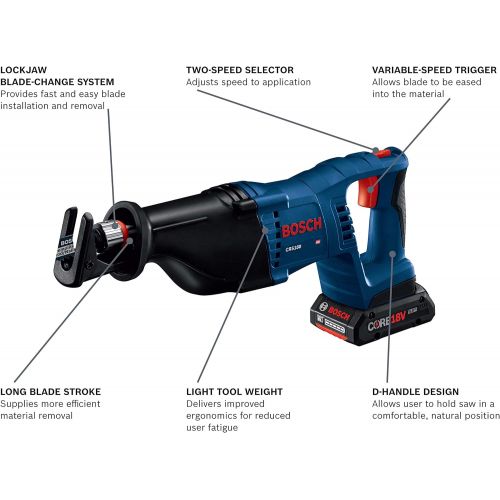  Bosch Power Tools Reciprocating Saw Kit - CRS180-B15 18V D-Handle Saw w/ (1) 4.0 Ah CORE Battery