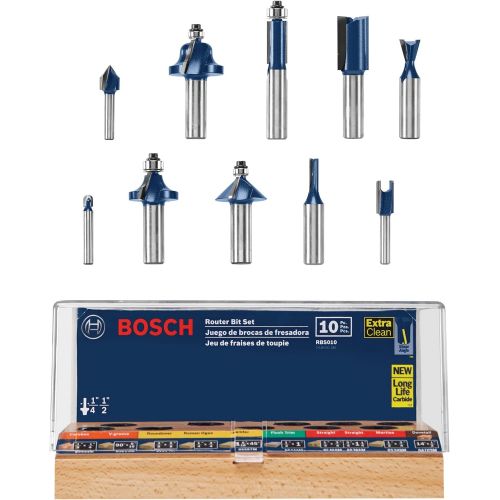  Bosch RBS010 1/2-Inch and 1/4-Inch Shank Carbide-Tipped All-Purpose Professional Router Bit Set, 10-Piece
