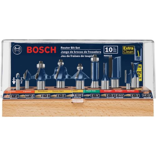  Bosch RBS010 1/2-Inch and 1/4-Inch Shank Carbide-Tipped All-Purpose Professional Router Bit Set, 10-Piece