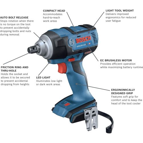  Bosch GDS18V-221N 18V EC Brushless 1/2 In. Impact Wrench with Friction Ring and Thru-Hole (Bare Tool)