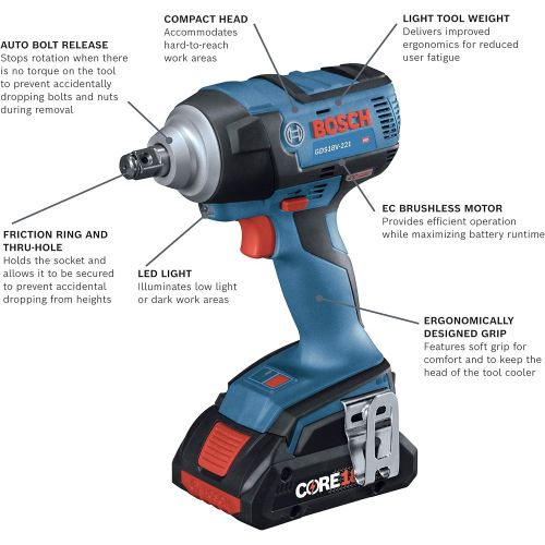  Bosch GDS18V-221B25 18V EC Brushless 1/2 In. Impact Wrench Kit with (2) CORE18V 4.0 Ah Compact Batteries