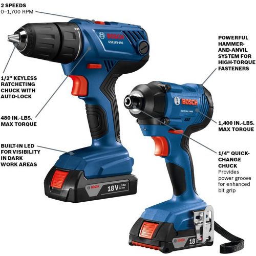  Bosch 18V 2-Tool Combo Kit with 1/2 In. Compact Drill/Driver and 1/4 In. Hex Impact Driver GXL18V-26B22