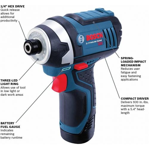  Bosch PS41-2A 12V Max 1/4-Inch Hex Impact Driver Kit with 2 Batteries, Charger and Case,Blue