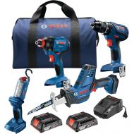 Bosch GXL18V-496B22 18V 4-Tool Combo Kit with Compact Tough 1/2 In. Drill/Driver, 1/4 In. and 1/2 In. Two-In-One Bit/Socket Impact Driver, Compact Reciprocating Saw and LED Worklig