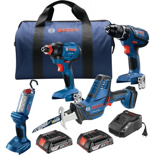  Bosch GXL18V-496B22 18V 4-Tool Combo Kit with Compact Tough 1/2 In. Drill/Driver, 1/4 In. and 1/2 In. Two-In-One Bit/Socket Impact Driver, Compact Reciprocating Saw and LED Worklig