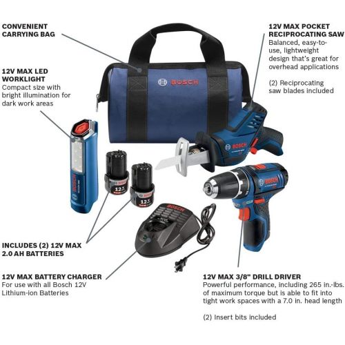  Bosch Power Tools Combo Kit GXL12V-310B22-12V Max 3-Tool Set with 3/8 In. Drill/Driver, Pocket Reciprocating Saw and LED Worklight