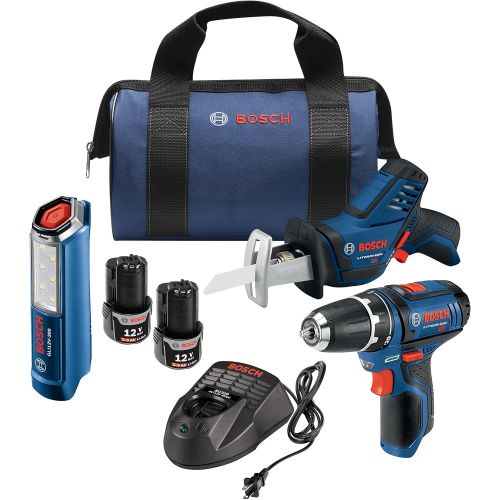  Bosch Power Tools Combo Kit GXL12V-310B22-12V Max 3-Tool Set with 3/8 In. Drill/Driver, Pocket Reciprocating Saw and LED Worklight