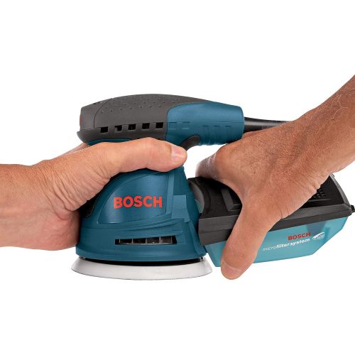  Bosch ROS20VSC Palm Sander - 2.5 Amp 5 in. Corded Variable Speed Random Orbital Sander/Polisher Kit with Dust Collector and Soft Carrying Bag, Blue
