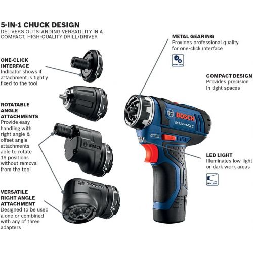  Bosch GSR12V-140FCB22 12V Max Flexiclick 5-In-1 Drill/Driver System with 40-pc Impact Tough Drill Driver Set