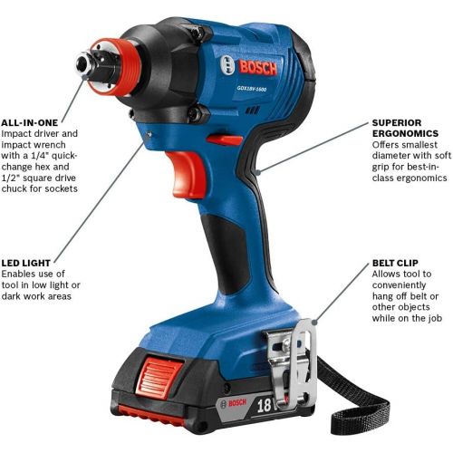  BOSCH GDX18V-1600B12 18V Freak 1/4 In. and 1/2 In. Two-In-One Bit/Socket Impact Driver Kit