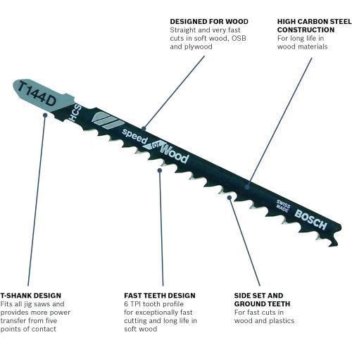  BOSCH T144D 5-Piece 4 In.6 TPI Speed for Wood T-Shank Jig Saw Blades