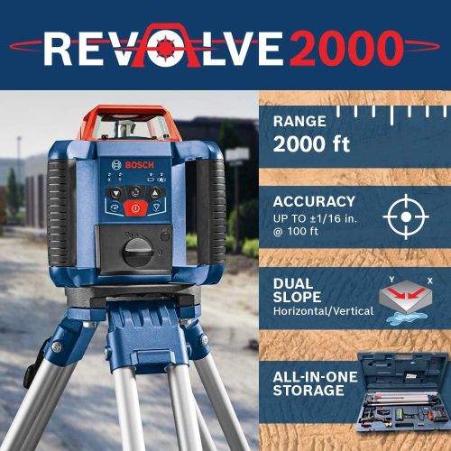  BOSCH REVOLVE2000 GRL2000-40HK Exterior 2000ft Range Horizontal Self-Leveling Cordless Rotary Laser Kit with Tripod, 13ft Grade Rod and Laser Receiver