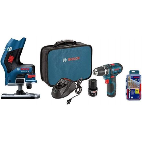  Bosch PS31-2A 12V Max 3/8-In 2-Speed Drill/Driver Kit, 12V Max EC Brushless Palm Edge Router, and the TI14 Titanium Metal Drill Bit Set