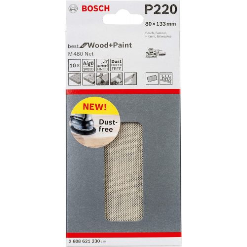  Bosch Professional 2608621230 G220, Set of 10 Sanding Sheets M480 Best (Wood and Paint, 80 x 133 mm, Grit P220, Accessories for Orbital Sanders), Beige, 80 x 10 x 133 mm