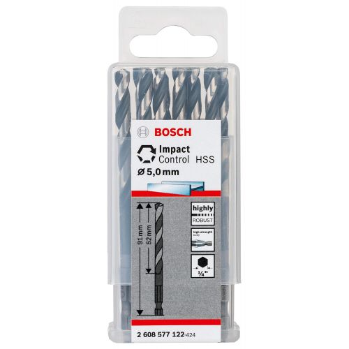  Bosch 2608577122?Spiral Drill Bit with Hex Shank Impact Control HSS 5?0X91X52?MM 0?W V