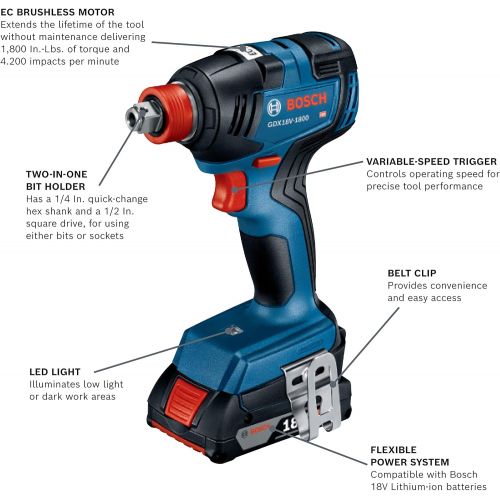  Bosch GXL18V-240B22 18V 2-Tool Combo Kit with 1/2 In. Hammer Drill/Driver, Freak 1/4 In. and 1/2 In. Two-In-One Bit/Socket Impact Driver and (2) 2.0 Ah SlimPack Batteries