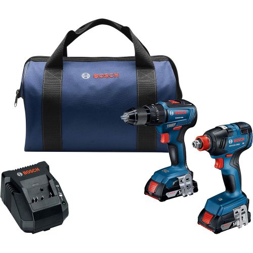  Bosch GXL18V-240B22 18V 2-Tool Combo Kit with 1/2 In. Hammer Drill/Driver, Freak 1/4 In. and 1/2 In. Two-In-One Bit/Socket Impact Driver and (2) 2.0 Ah SlimPack Batteries