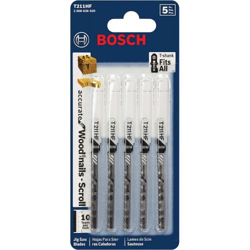  BOSCH T211HF 5-Piece 3 In. 10 TPI Accurate for Wood with Nails T-Shank Jig Saw Blades