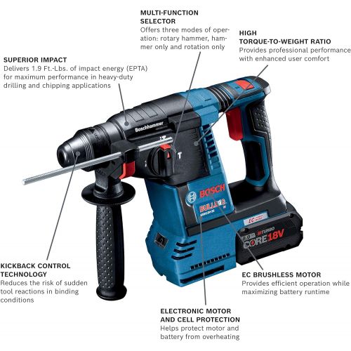  Bosch GBH18V-26K24A 18V Brushless SDS-plus Bulldog 1 In. Rotary Hammer Kit with (2) CORE18V 8.0 Ah Performance Batteries