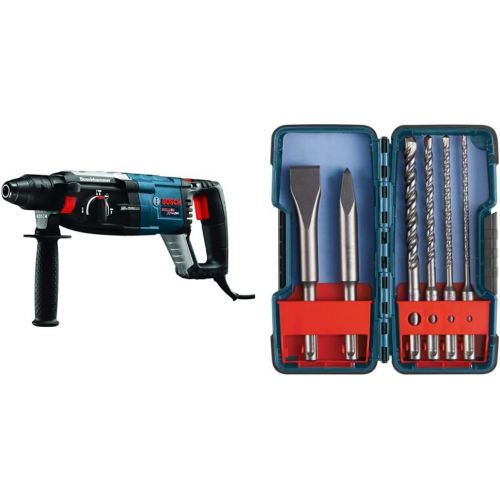  Bosch GBH2-28L 1-1/8 SDS-plus Bulldog Xtreme Max Rotary Hammer and 6 Piece SDS-plus Masonry Trade Bit Set, Chisels and Carbide, HCST006