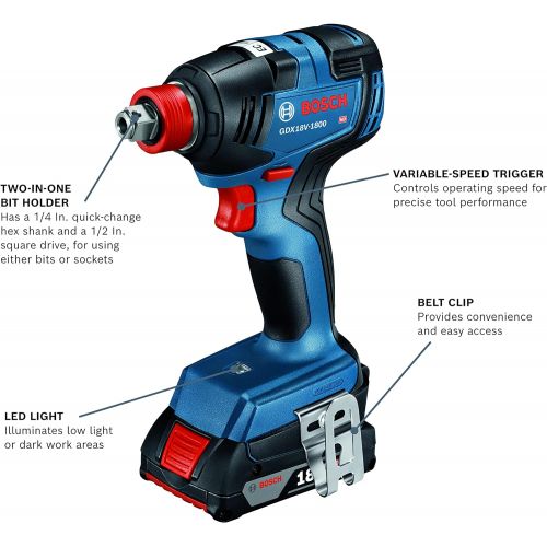  Bosch GXL18V-233B25 18V 2-Tool Combo Kit with 1/2 In. Hammer Drill/Driver, Freak 1/4 In. and 1/2 In. Two-in-One Bit/Socket Impact Driver and (2) CORE18V 4.0 Ah Compact Batteries