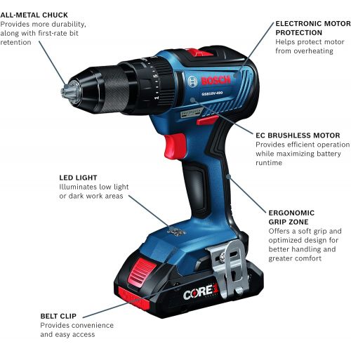  Bosch GXL18V-233B25 18V 2-Tool Combo Kit with 1/2 In. Hammer Drill/Driver, Freak 1/4 In. and 1/2 In. Two-in-One Bit/Socket Impact Driver and (2) CORE18V 4.0 Ah Compact Batteries