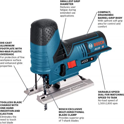  Bosch JS120N 12V Max Barrel-Grip Jig Saw (Bare Tool) , Blue