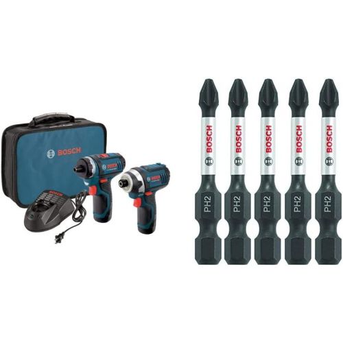 Bosch CLPK27-120 12V Max 2-Tool Combo Kit (Drill/Driver and Impact Driver) with 2 Batteries, Charger and Case & ITPH2205 5 Pc. 2 In. Phillips #2 Impact Tough Screwdriving Bit