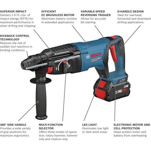  BOSCH GBH18V-26DK24 18V EC Brushless SDS-plus Bulldog 1 In. Rotary Hammer Kit with (2) CORE18V 8.0 Ah Performance Batteries