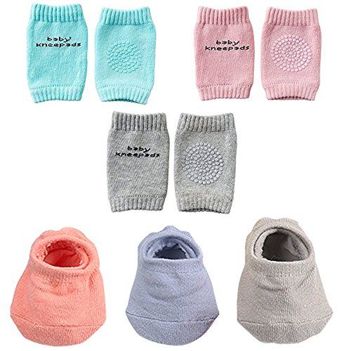  [아마존베스트]BOSONER Baby Crawling Anti-Slip Knee and Anti Slip Baby Boys Girls Socks Best Infant Gift, Unisex Baby Toddlers Kneepads 3 Pairs, Soft Cotton Assorted Boys Girls Grip Walkers Socks 3 Pairs