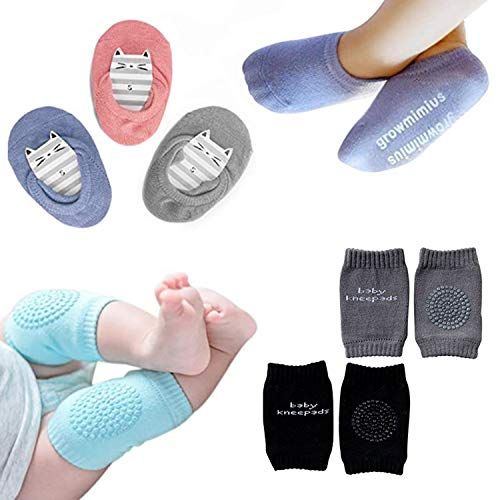  [아마존베스트]BOSONER Baby Crawling Anti-Slip Knee and Anti Slip Baby Boys Girls Socks Best Infant Gift, Unisex Baby Toddlers Kneepads 2 Pairs, Soft Cotton Assorted Boys Girls Grip Walkers Socks 3 Pairs