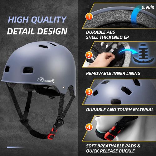  BOSONER Skateboard Bike Helmet,Multi-Sport Lightweight Adjustable Ventilation Helmet for Kids Youth Adult Bicycle Helmet,Impact Resistance Safety Helmet for BMX Inline Cycling Roller Skati