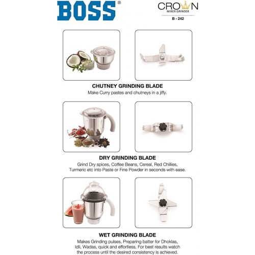  BOSS Crown Mixer Grinder, Jar Capacity: Wet Jar-1400 Dry Jar-1150 Chutney Jar-450 ML, White & Grey