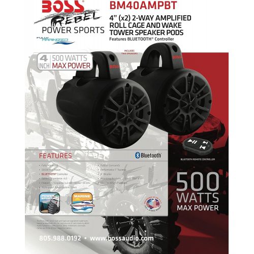  BOSS Audio Systems BM40AMPBT Marine Waketower Speaker System - Bluetooth, 500 Watts of Power Per Pair, 250 Watts Each, 4 Inch, Full Range, 2 Way, Marine Grade, Weatherproof, Sold i