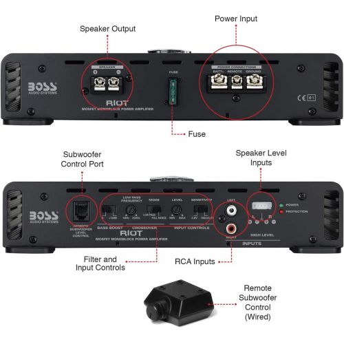  [아마존베스트]BOSS Audio Systems R1100MK Car Amplifier and 8 Gauge Wiring Kit - 1100 Watts Max Power, 2-4 Ohm Stable, Class A/B, Monoblock, Mosfet Power Supply, Remote Subwoofer Control
