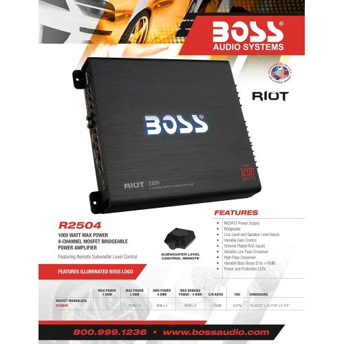  BOSS Audio Systems R2504 Riot Series Car Audio Stereo Subwoofer Amplifier - 1000 High Output, 4 Channel, Class A/B, 2/4 Ohm, High/Low Level Inputs, High/Low Pass Crossover, Bridgea
