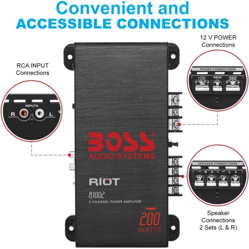  BOSS Audio Systems R1002 Car Amplifier - 2 Channel, 200 Watts Max Power, 2 4 Ohm Stable, Class AB, Full Range