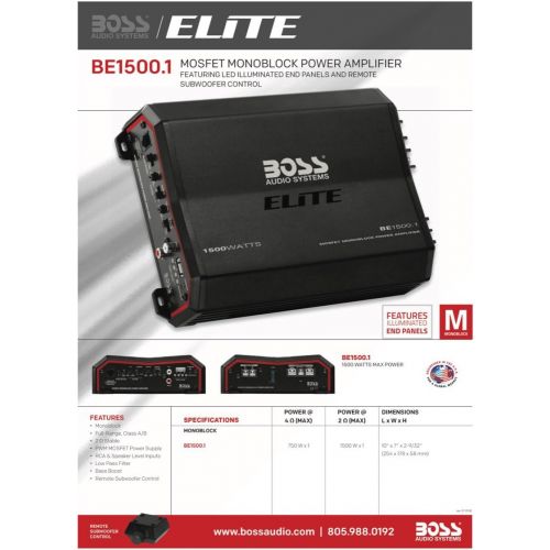  BOSS Audio Systems Elite BE1500.1 Monoblock Car Amplifier - 1500 Watts, 2 4 Ohm Stable, Class AB, Mosfet Power Supply, Great For Subwoofers