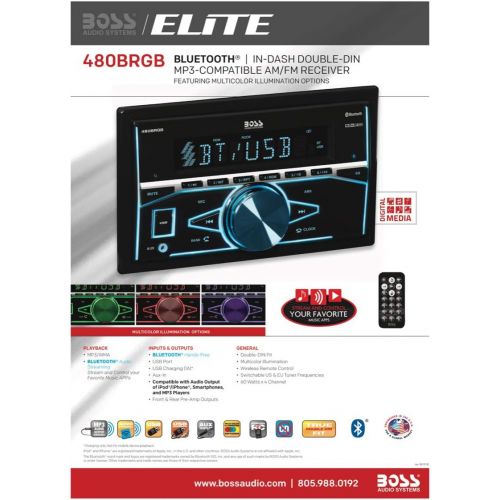  BOSS Audio Systems Elite 480BRGB Double Din, Bluetooth, MP3 USB AM FM Receiver, Multi Color RGB Illumination, Wireless Remote - no CD DVD player,
