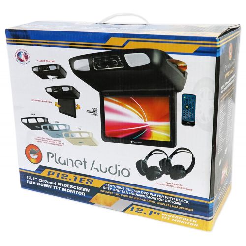  Planet Audio P12.1ES 12.1 Inch Flip-Down Car Monitor, DVDCDMP3USBSD, FM Transmitter, BlackGreyTan Interchangeable Housing, Dual-channel Wireless Headphones (2), Wireless Remo