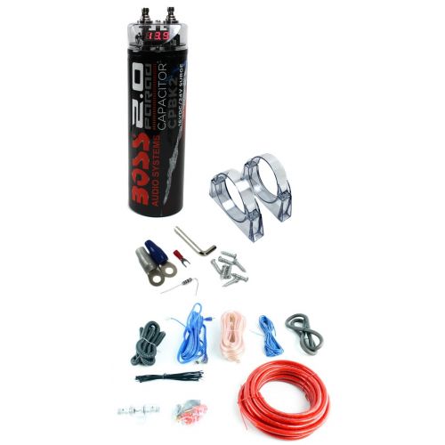  BOSS Audio Systems BOSS CPBK2 2.0 FARAD LED Digital Car Capacitor Cap + 4 Gauge Amp Install Kit