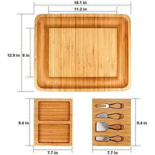  [아마존베스트]BOSSJOY Bamboo Cheese Board with Cheese Tools, Cheese Plate Charcuterie Board Platter Set Serving Tray for Wine Cracker Brie and Meat, Large Thick Wooden Server, Fancy House Warming Gift f