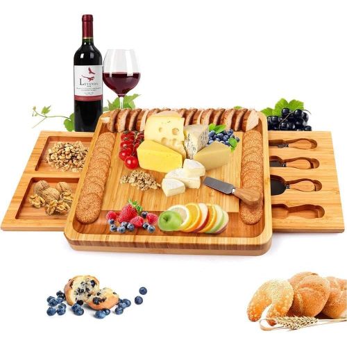  [아마존베스트]BOSSJOY Bamboo Cheese Board with Cheese Tools, Cheese Plate Charcuterie Board Platter Set Serving Tray for Wine Cracker Brie and Meat, Large Thick Wooden Server, Fancy House Warming Gift f