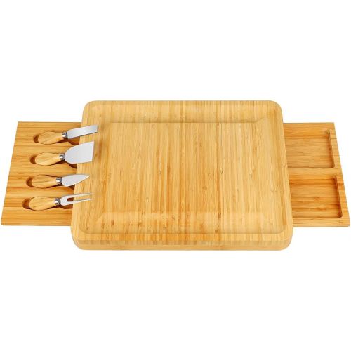  [아마존베스트]BOSSJOY Bamboo Cheese Board with Cheese Tools, Cheese Plate Charcuterie Board Platter Set Serving Tray for Wine Cracker Brie and Meat, Large Thick Wooden Server, Fancy House Warming Gift f